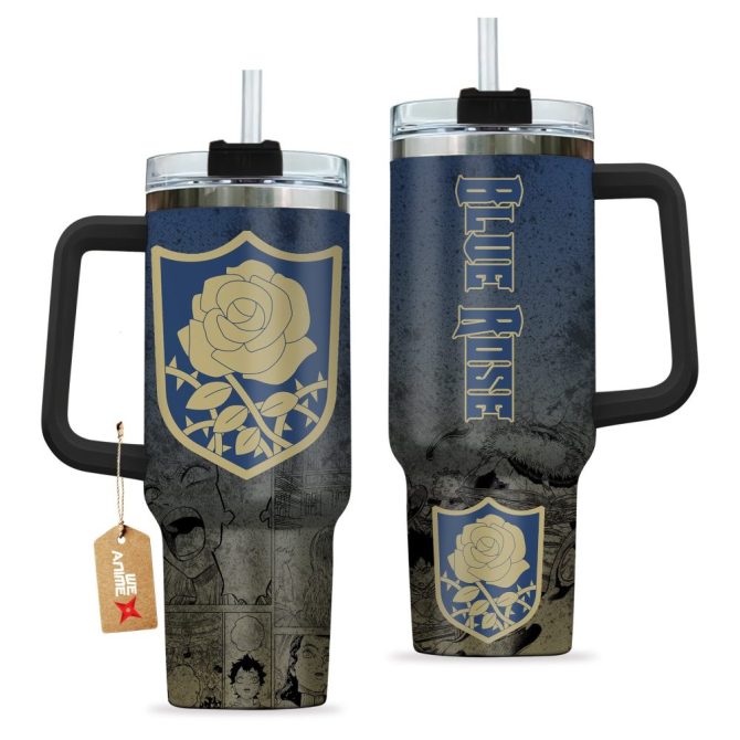 Blue Rose Symbol Black Clover Anime Custom Stanley Quencher 40Oz Stainless Steel Tumbler With Handle