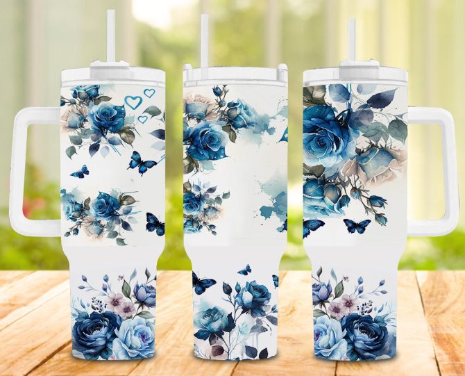 Blue Watercolor Floral Custom Stanley Quencher 40Oz Stainless Steel Tumbler With Handle