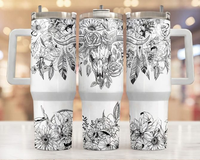 Boho Cow Skull Custom Stanley Quencher 40Oz Stainless Steel Tumbler With Handle