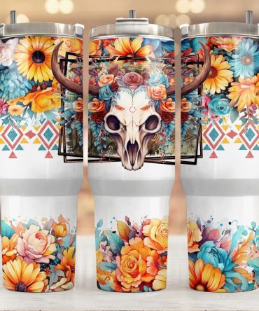 Boho Cow Skull Custom Stanley Quencher 40Oz Stainless Steel Tumbler With Handle