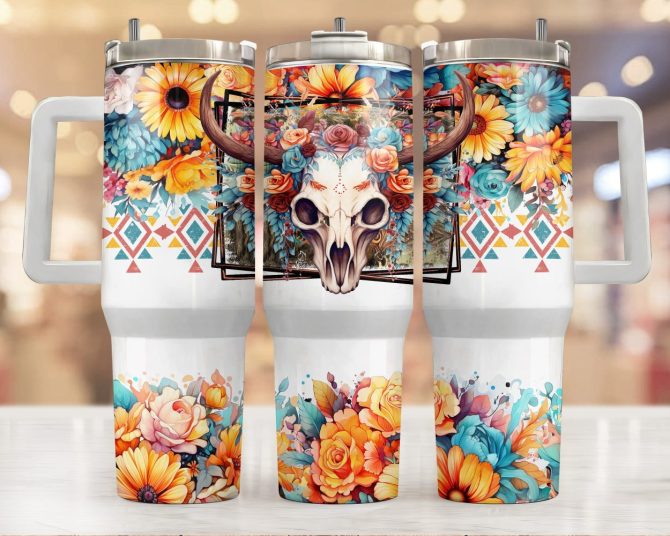 Boho Cow Skull Custom Stanley Quencher 40Oz Stainless Steel Tumbler With Handle