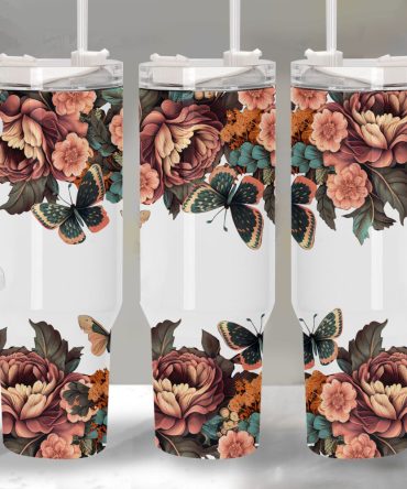 Boho Floral And Butterfly Custom Stanley Quencher 40Oz Stainless Steel Tumbler With Handle