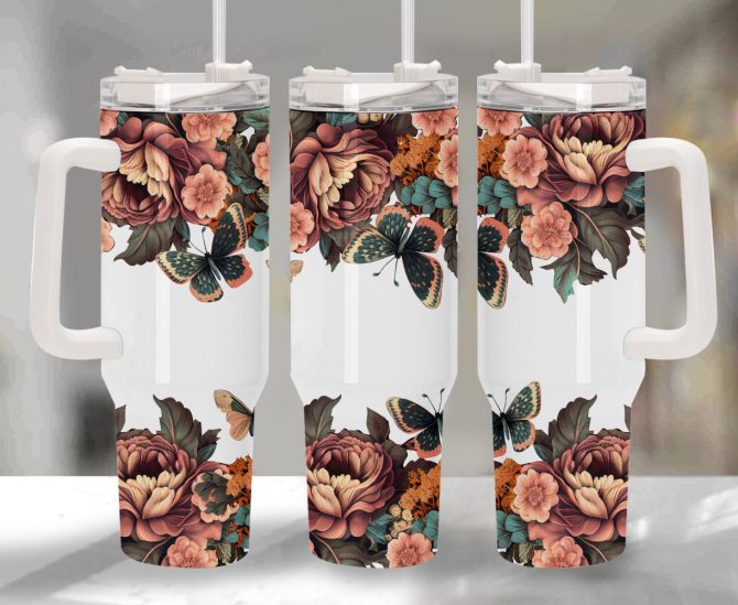 Boho Floral And Butterfly Custom Stanley Quencher 40Oz Stainless Steel Tumbler With Handle