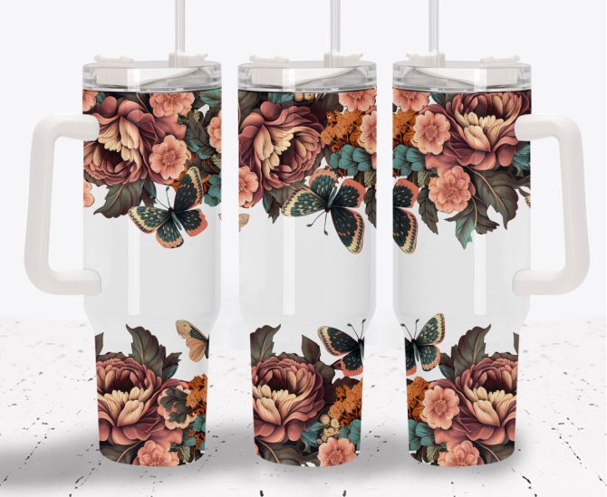 Boho Floral And Butterfly Custom Stanley Quencher 40Oz Stainless Steel Tumbler With Handle - Image 3