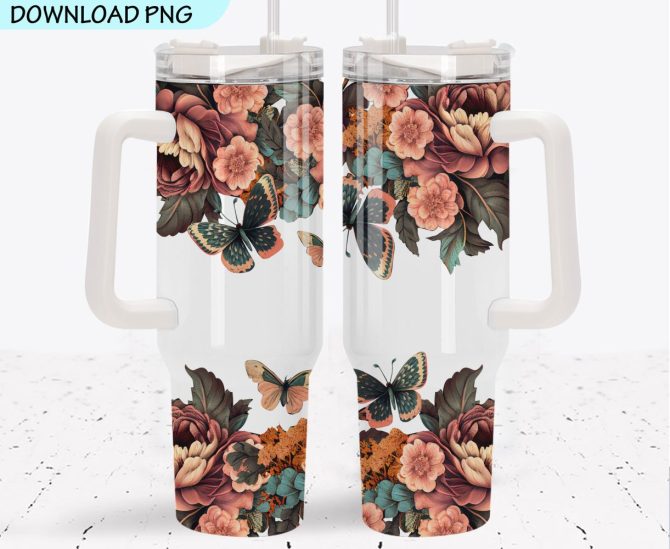Boho Floral And Butterfly Custom Stanley Quencher 40Oz Stainless Steel Tumbler With Handle - Image 2