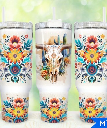 Boho Floral Bull Skull Custom Stanley Quencher 40Oz Stainless Steel Tumbler With Handle