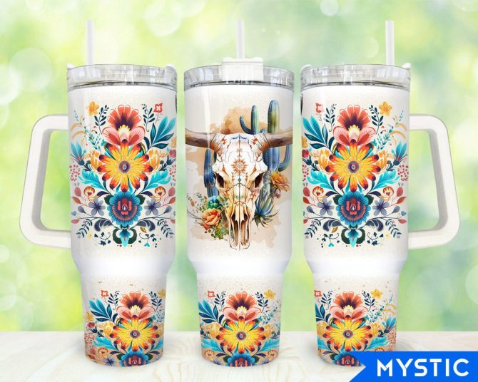 Boho Floral Bull Skull Custom Stanley Quencher 40Oz Stainless Steel Tumbler With Handle