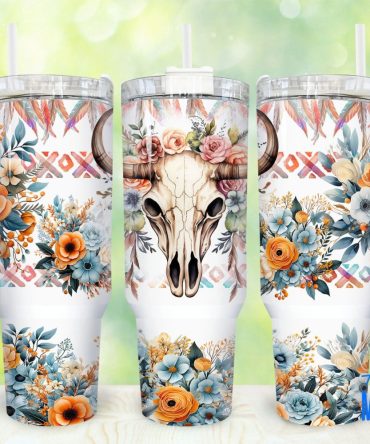 Boho Floral Bull Skull Custom Stanley Quencher 40Oz Stainless Steel Tumbler With Handle