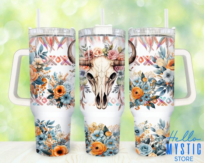Boho Floral Bull Skull Custom Stanley Quencher 40Oz Stainless Steel Tumbler With Handle