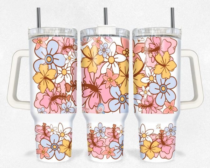 Boho Floral Custom Stanley Quencher 40Oz Stainless Steel Tumbler With Handle