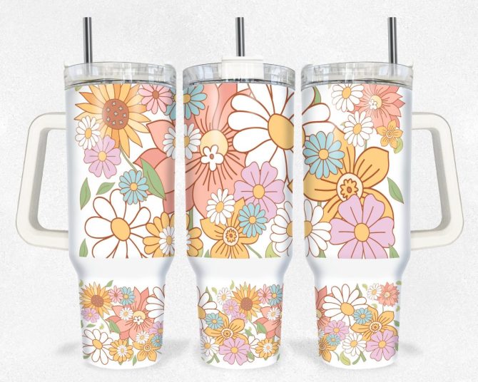 Boho Floral Custom Stanley Quencher 40Oz Stainless Steel Tumbler With Handle