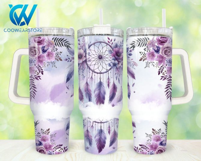 Boho Floral Dreamcatcher Custom Stanley Quencher 40Oz Stainless Steel Tumbler With Handle