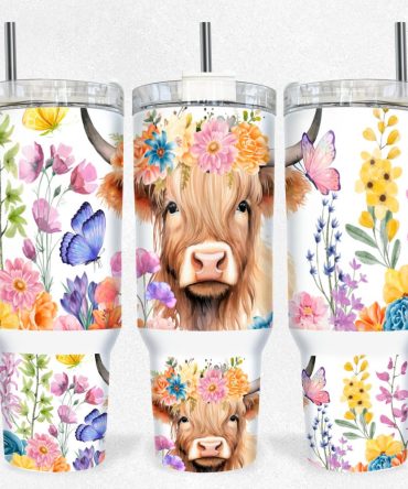 Boho Floral Highland Cow Custom Stanley Quencher 40Oz Stainless Steel Tumbler With Handle