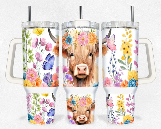 Boho Floral Highland Cow Custom Stanley Quencher 40Oz Stainless Steel Tumbler With Handle