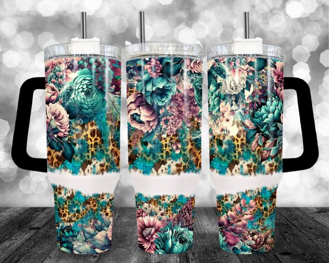 Boho Floral Leopard Print Custom Stanley Quencher 40Oz Stainless Steel Tumbler With Handle