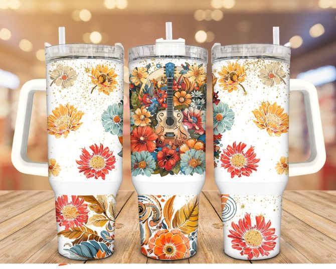 Boho Floral Music Custom Stanley Quencher 40Oz Stainless Steel Tumbler With Handle
