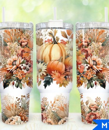 Boho Floral Pumpkin Custom Stanley Quencher 40Oz Stainless Steel Tumbler With Handle