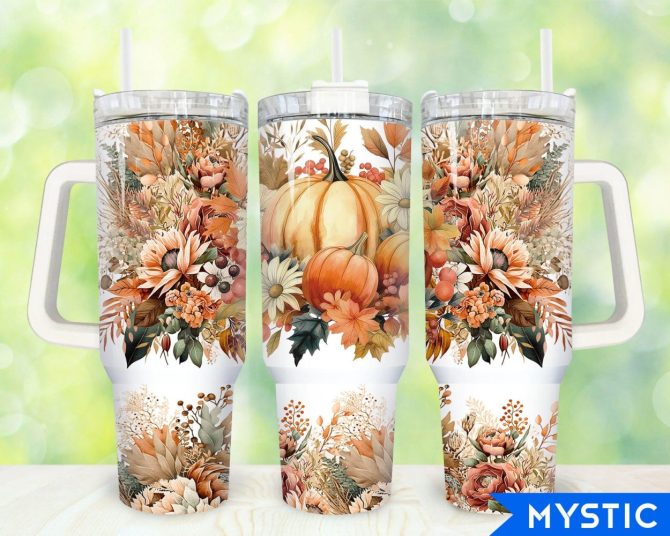 Boho Floral Pumpkin Custom Stanley Quencher 40Oz Stainless Steel Tumbler With Handle