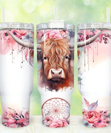 Boho Highland Cow Custom Stanley Quencher 40Oz Stainless Steel Tumbler With Handle