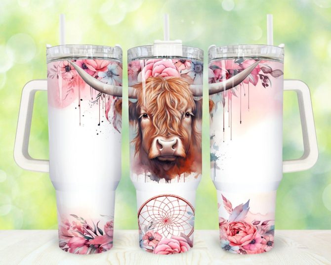 Boho Highland Cow Custom Stanley Quencher 40Oz Stainless Steel Tumbler With Handle