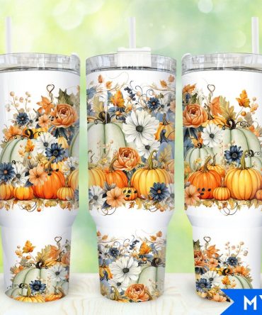 Boho Pumpkins Fall Flowers Custom Stanley Quencher 40Oz Stainless Steel Tumbler With Handle