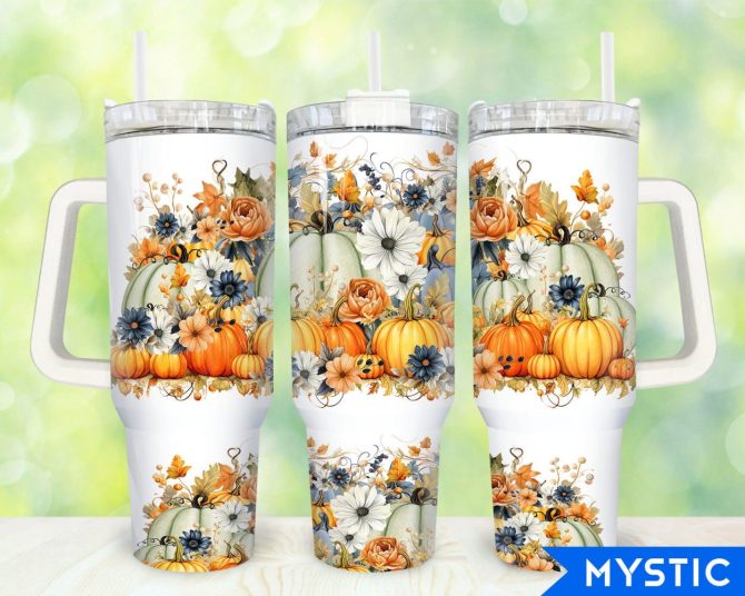 Boho Pumpkins Fall Flowers Custom Stanley Quencher 40Oz Stainless Steel Tumbler With Handle