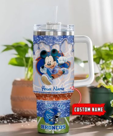 Boise State Broncos Ncaa Mickey Mouse Glitter Custom Stanley Quencher 40Oz Stainless Steel Tumbler With Handle