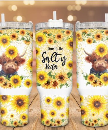 Bright Sunflower Baby Cow Custom Stanley Quencher 40Oz Stainless Steel Tumbler With Handle