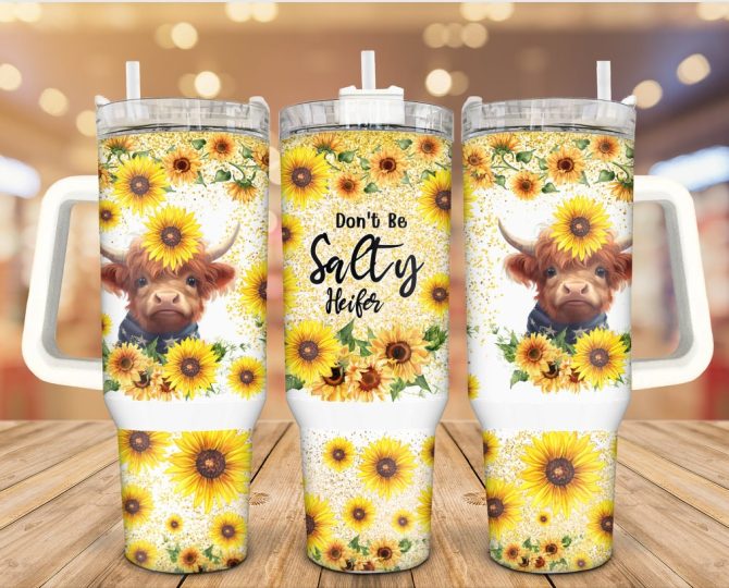 Bright Sunflower Baby Cow Custom Stanley Quencher 40Oz Stainless Steel Tumbler With Handle