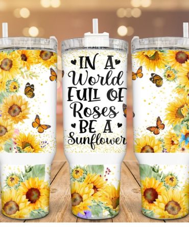 Bright Sunflower Butterfly Custom Stanley Quencher 40Oz Stainless Steel Tumbler With Handle