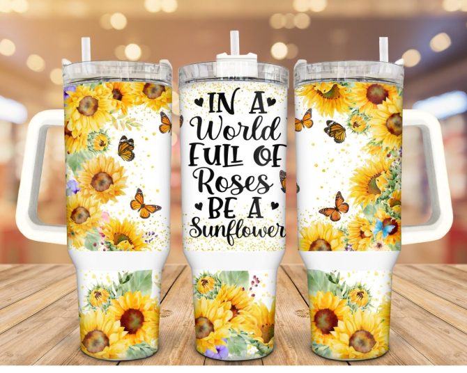 Bright Sunflower Butterfly Custom Stanley Quencher 40Oz Stainless Steel Tumbler With Handle