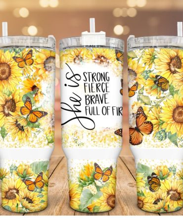 Bright Sunflower Butterfly Custom Stanley Quencher 40Oz Stainless Steel Tumbler With Handle