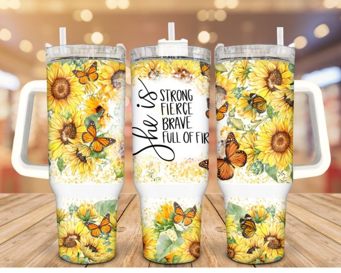 Bright Sunflower Butterfly Custom Stanley Quencher 40Oz Stainless Steel Tumbler With Handle