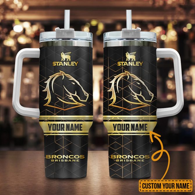 Brisbane Broncos Nrl Golden Logo Custom Stanley Quencher 40Oz Stainless Steel Tumbler With Handle