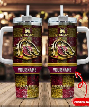 Brisbane Broncos Nrl Golden Logo Stained Glass Effect Custom Stanley Quencher 40Oz Stainless Steel Tumbler With Handle