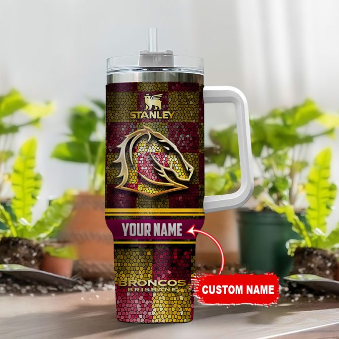 Brisbane Broncos Nrl Golden Logo Stained Glass Effect Custom Stanley Quencher 40Oz Stainless Steel Tumbler With Handle - Image 2
