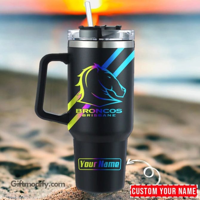 Brisbane Broncos Nrl Hologram Logo Custom Stanley Quencher 40Oz Stainless Steel Tumbler With Handle