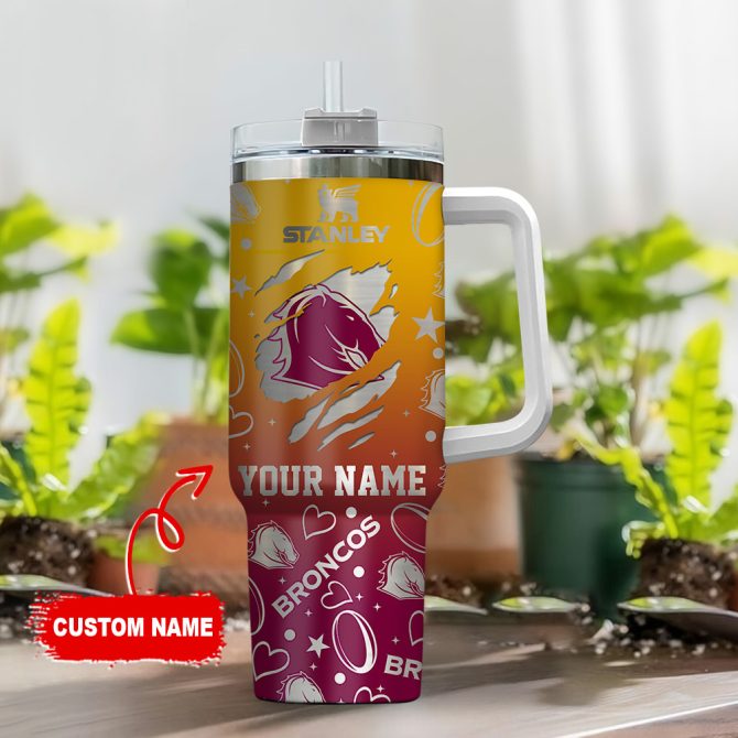 Brisbane Broncos Nrl Silver Logo Custom Stanley Quencher 40Oz Stainless Steel Tumbler With Handle - Image 2