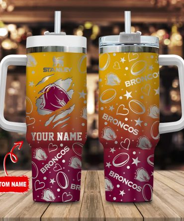 Brisbane Broncos Nrl Silver Logo Custom Stanley Quencher 40Oz Stainless Steel Tumbler With Handle