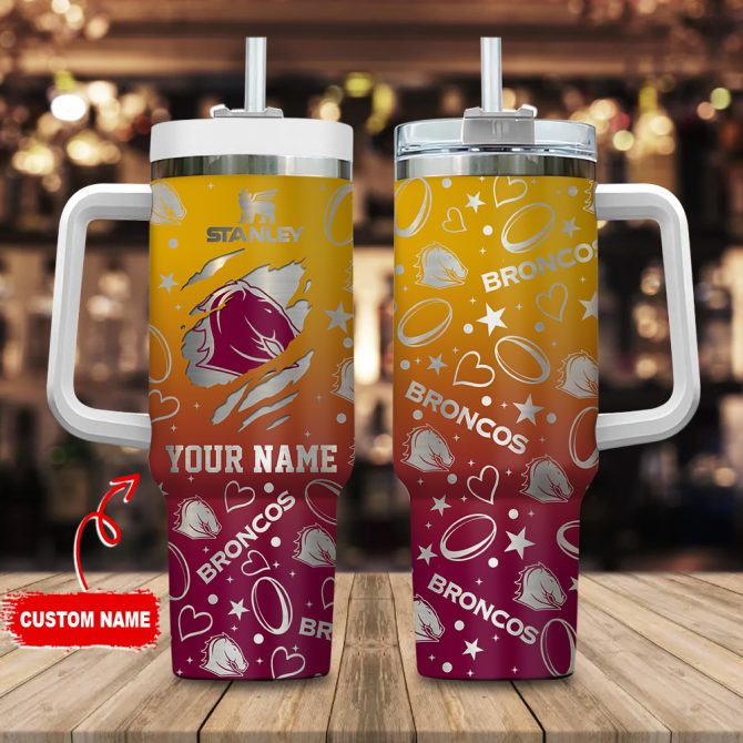 Brisbane Broncos Nrl Silver Logo Custom Stanley Quencher 40Oz Stainless Steel Tumbler With Handle