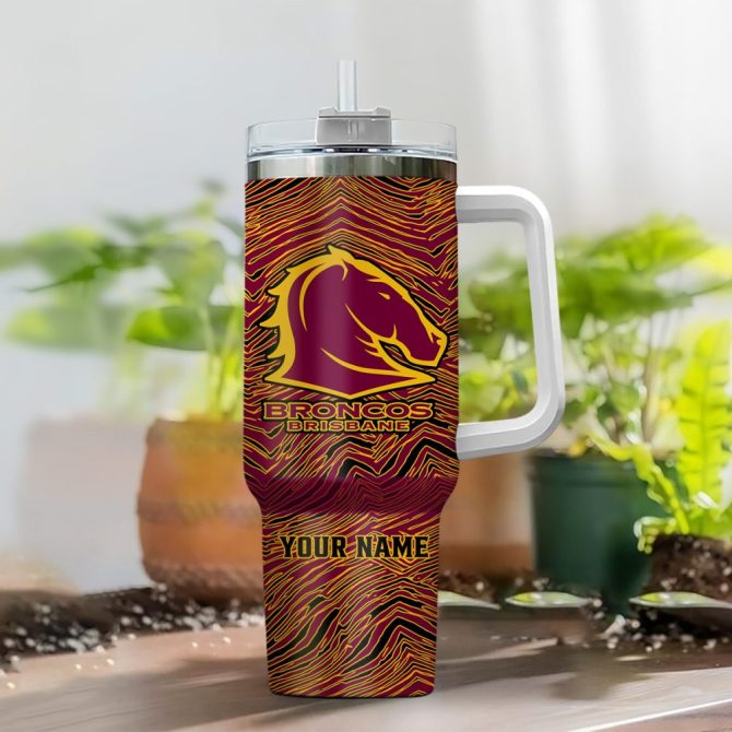 Brisbane Broncos Nrl Zubaz Print Custom Stanley Quencher 40Oz Stainless Steel Tumbler With Handle - Image 2
