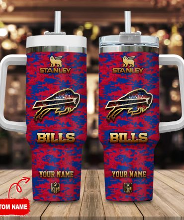 Buffalo Bills Nfl Camouflage Golden Logo Custom Stanley Quencher 40Oz Stainless Steel Tumbler With Handle