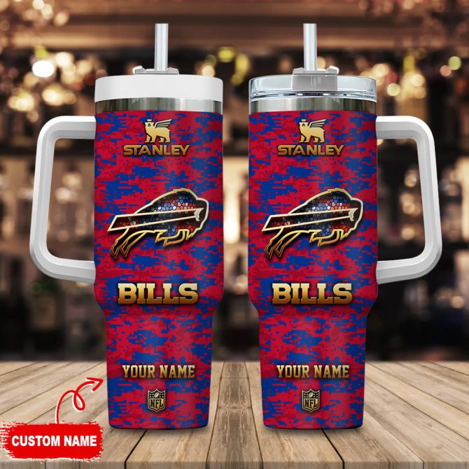Buffalo Bills Nfl Camouflage Golden Logo Custom Stanley Quencher 40Oz Stainless Steel Tumbler With Handle