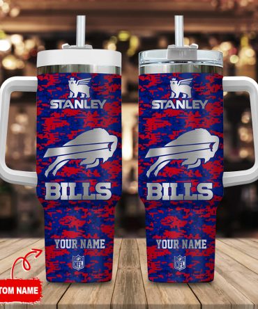 Buffalo Bills Nfl Camouflage Silver Logo Custom Stanley Quencher 40Oz Stainless Steel Tumbler With Handle