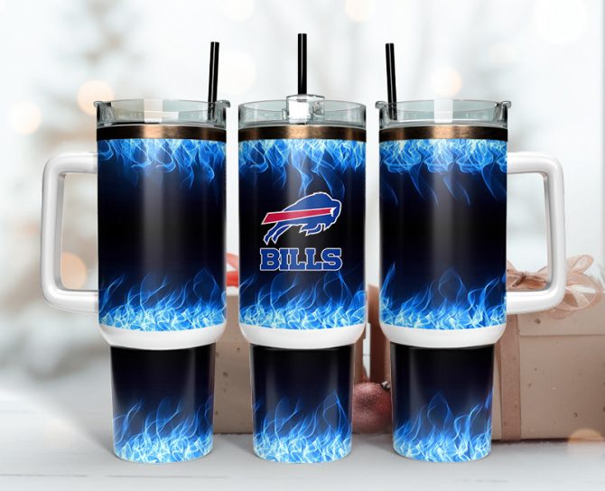 Buffalo Bills Nfl Fire Effect Custom Stanley Quencher 40Oz Stainless Steel Tumbler With Handle