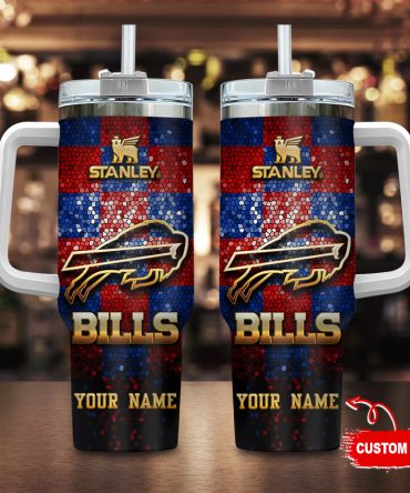 Buffalo Bills Nfl Glitter Golden Logo Custom Stanley Quencher 40Oz Stainless Steel Tumbler With Handle