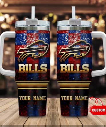 Buffalo Bills Nfl Glitter Golden Logo Custom Stanley Quencher 40Oz Stainless Steel Tumbler With Handle