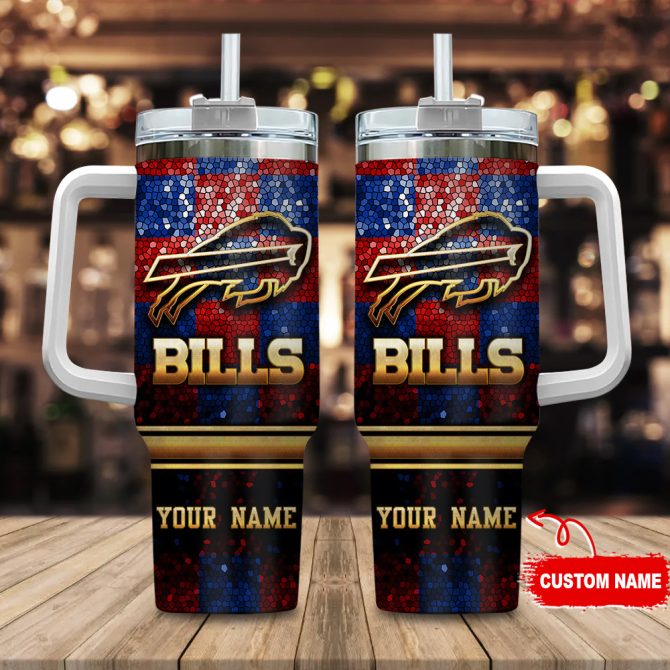 Buffalo Bills Nfl Glitter Golden Logo Custom Stanley Quencher 40Oz Stainless Steel Tumbler With Handle