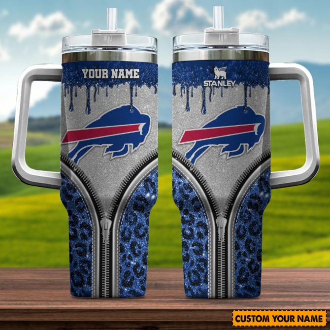 Buffalo Bills Nfl Glitter Leopard Print Custom Stanley Quencher 40Oz Stainless Steel Tumbler With Handle