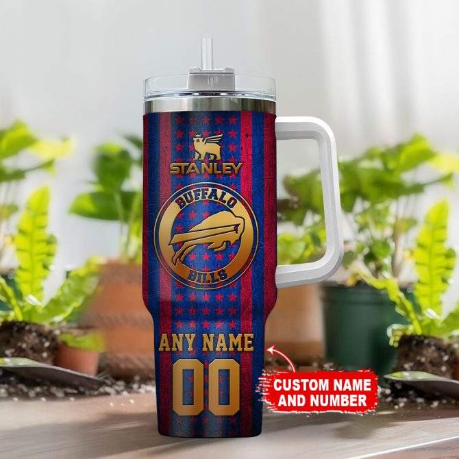 Buffalo Bills Nfl Golden Logos Us Flag Custom Stanley Quencher 40Oz Stainless Steel Tumbler With Handle - Image 2